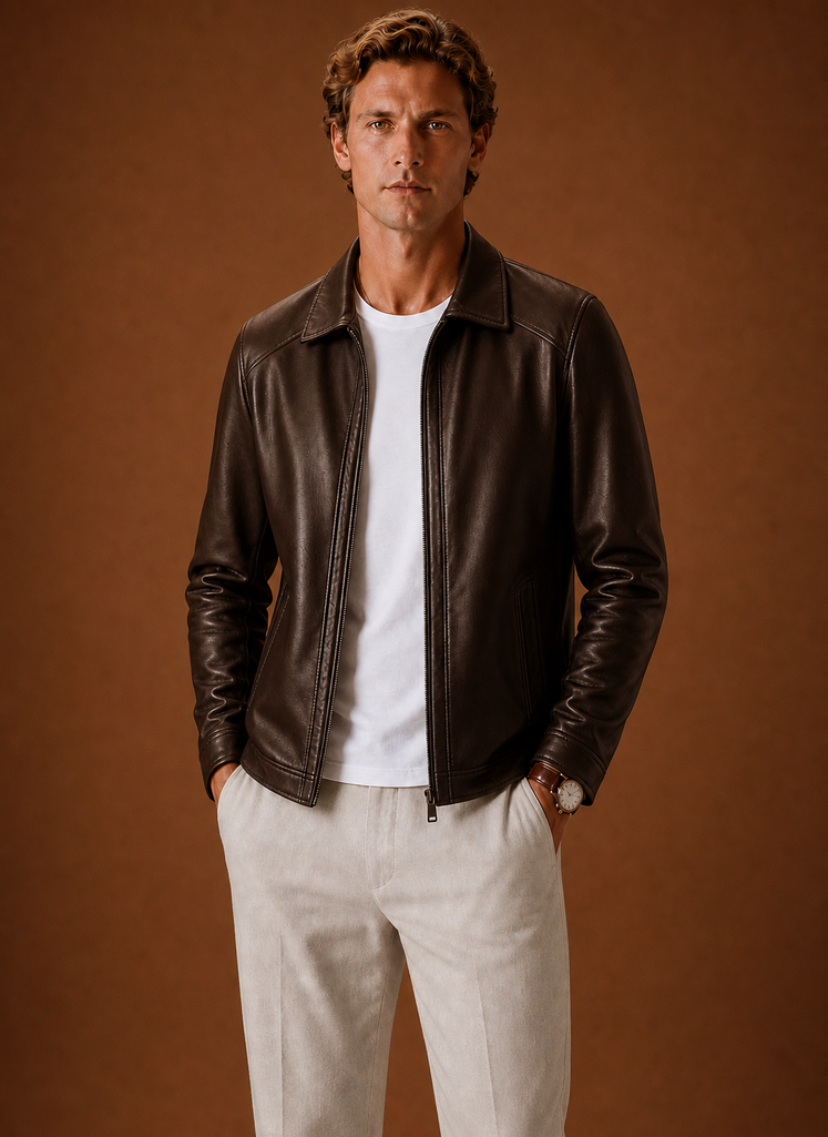 Chaqueta de Cuero para Hombre Look Clásico con Cremallera | Areleon