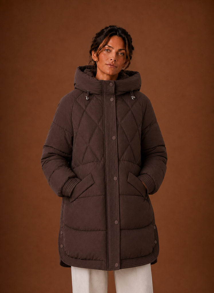 Chaqueta Puffer para Mujer - Con Capucha y Corte Largo con Acolchado en Diamante | Areleon