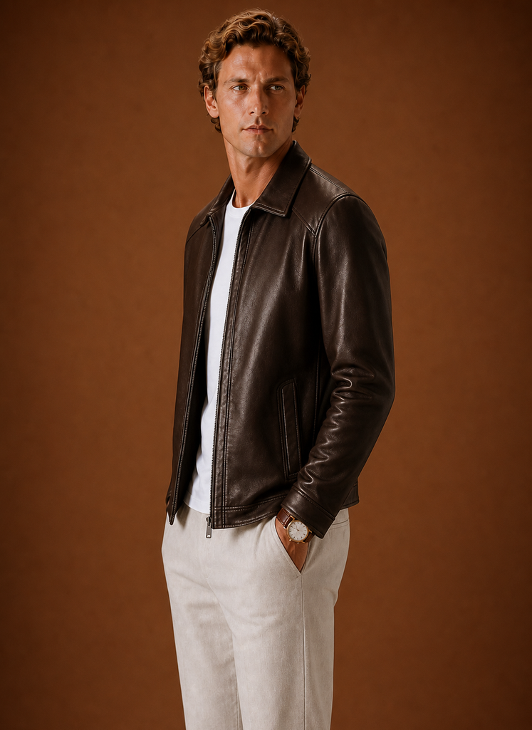 Chaqueta de Cuero para Hombre Look Clásico con Cremallera | Areleon