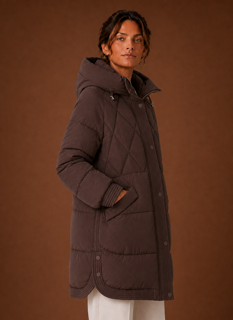 Chaqueta Puffer para Mujer - Con Capucha y Corte Largo con Acolchado en Diamante | Areleon