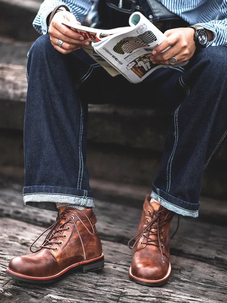 Botas de Cuero para Hombre con Cordones – Botas Clásicas de Tobillo con Correa de Hebilla
