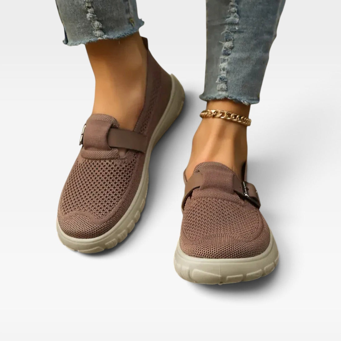 Zapatos de Mujer Slip On de Tejido – Zapatillas Cómodas con Suela Acolchada y Correa de Hebilla
