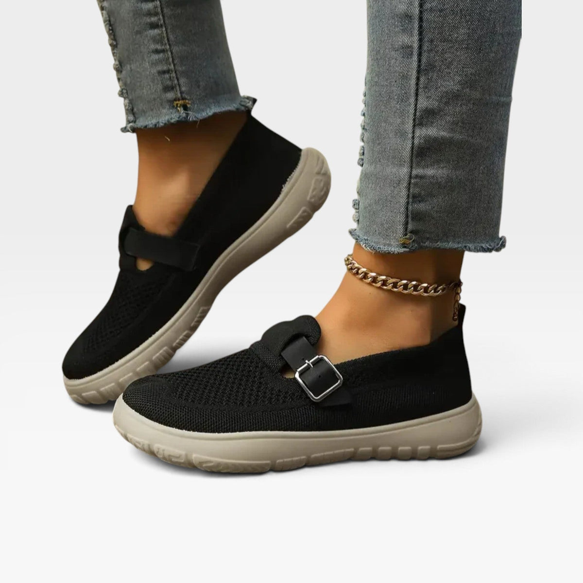 Zapatos de Mujer Slip On de Tejido – Zapatillas Cómodas con Suela Acolchada y Correa de Hebilla