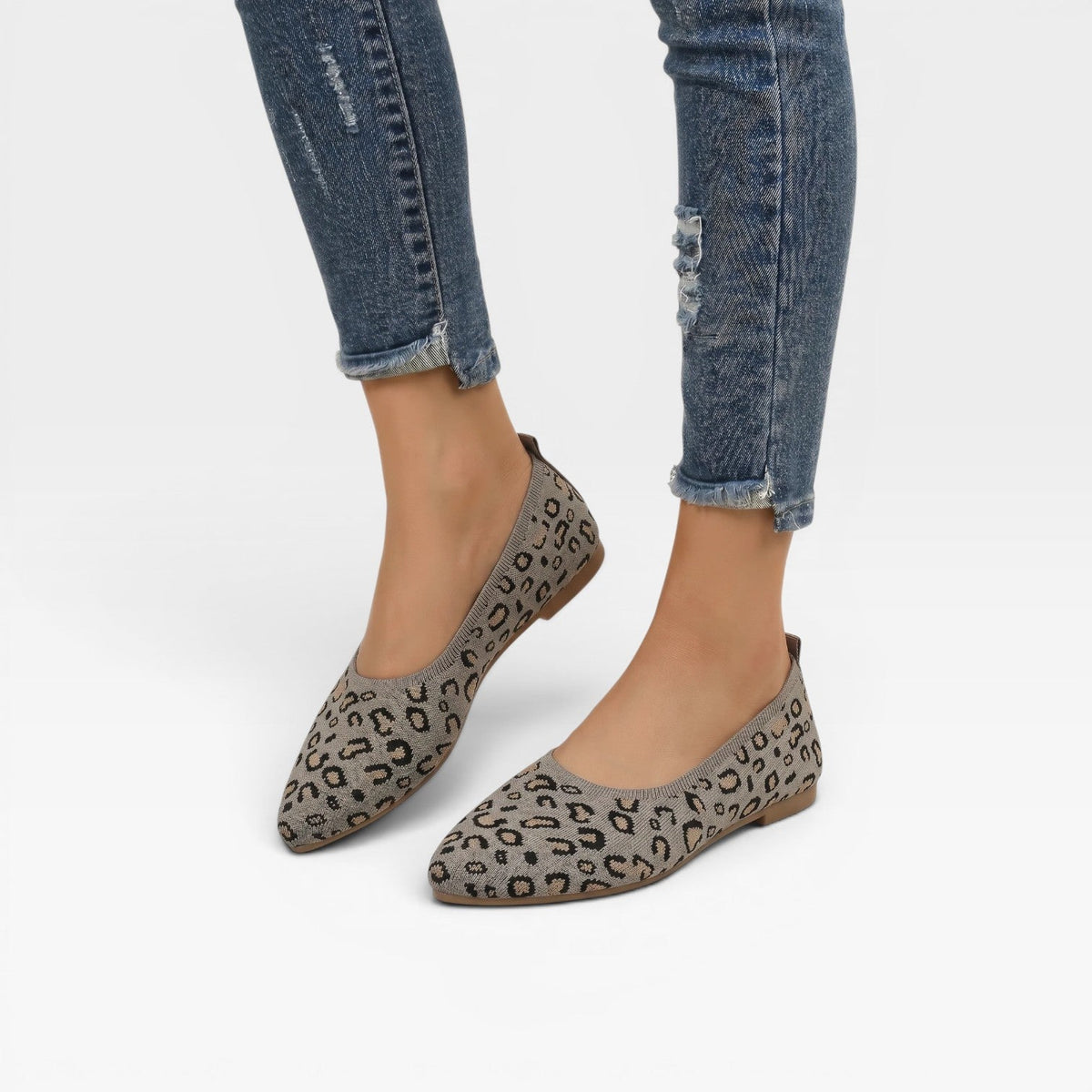 Bailarinas de Punto con Estampado de Leopardo para Mujeres – Zapatos Cómodos de Punta Afilada