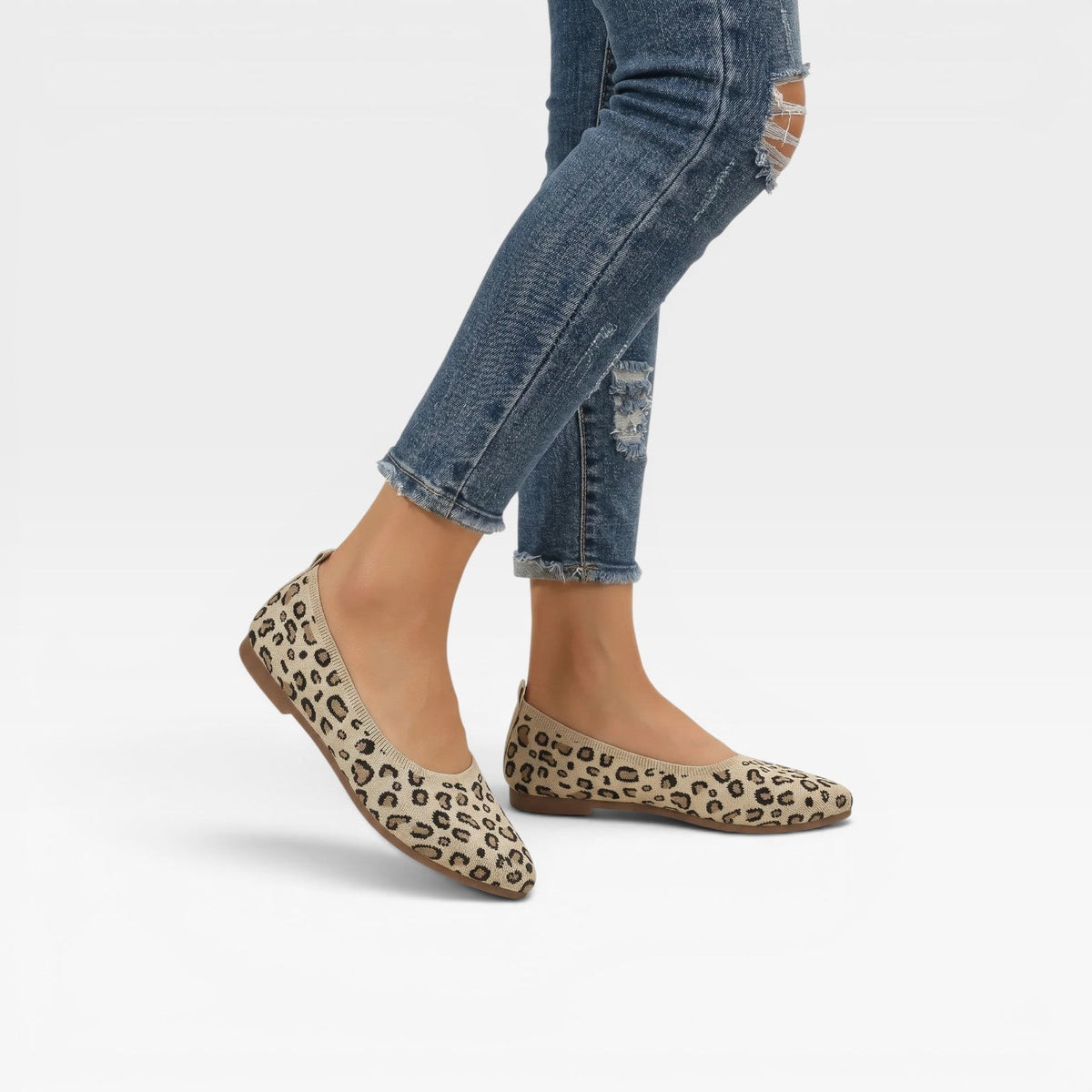 Bailarinas de Punto con Estampado de Leopardo para Mujeres – Zapatos Cómodos de Punta Afilada