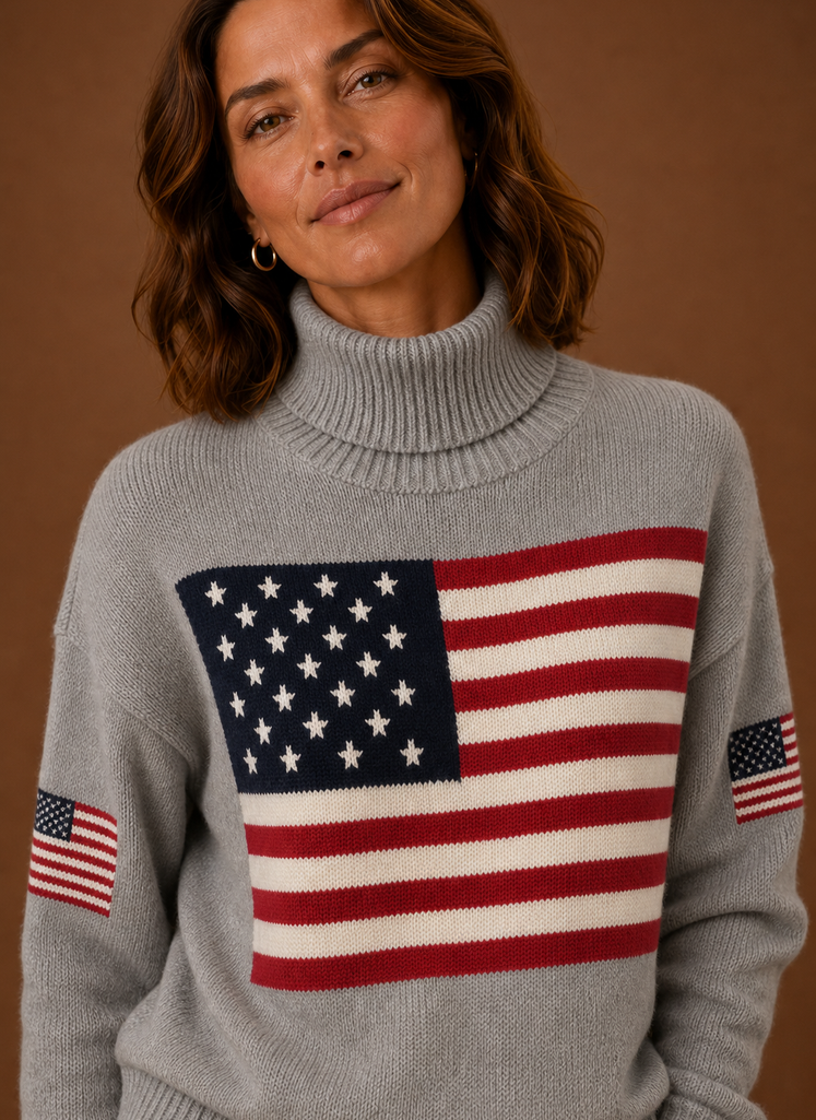 Suéter de Cuello Alto para Mujer - Suéter de Punto con Bandera Americana | Areleon