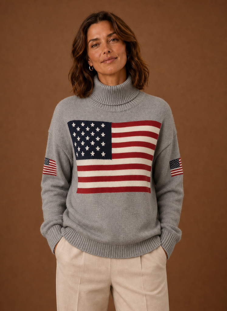 Suéter de Cuello Alto para Mujer - Suéter de Punto con Bandera Americana | Areleon