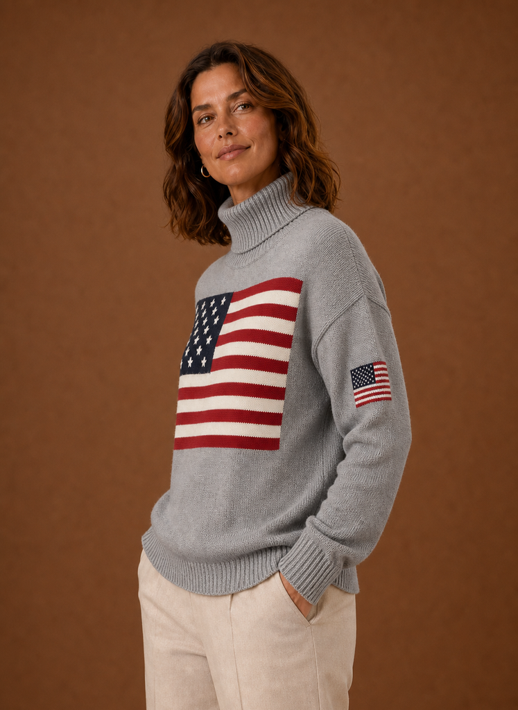 Suéter de Cuello Alto para Mujer - Suéter de Punto con Bandera Americana | Areleon
