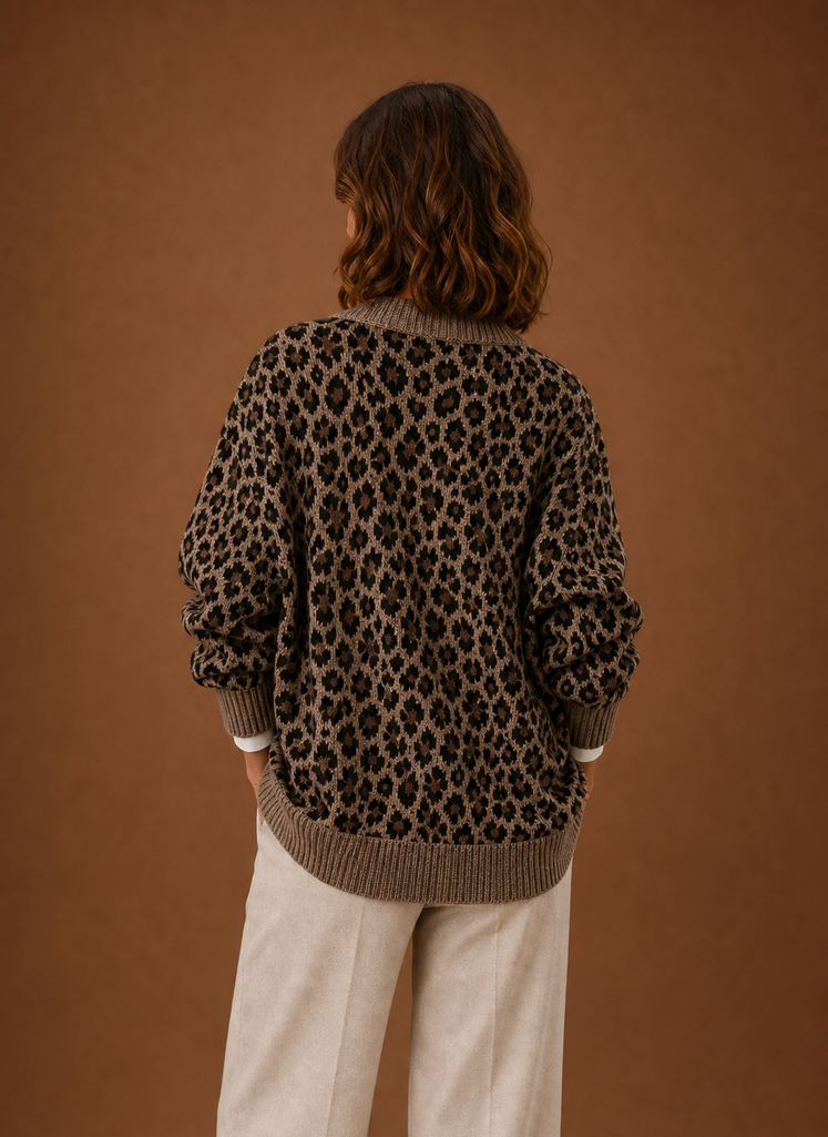 Cárdigan de Punto para Mujeres - Suéter de Manga Larga con Estampado de Leopardo | Areleon