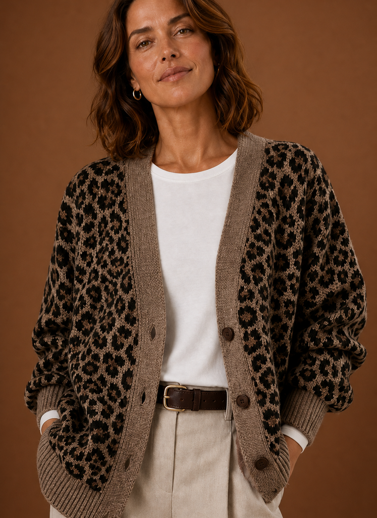 Cárdigan de Punto para Mujeres - Suéter de Manga Larga con Estampado de Leopardo | Areleon
