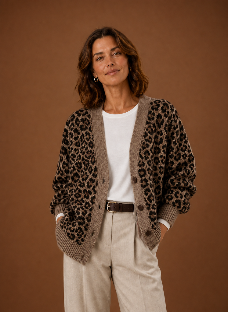 Cárdigan de Punto para Mujeres - Suéter de Manga Larga con Estampado de Leopardo | Areleon