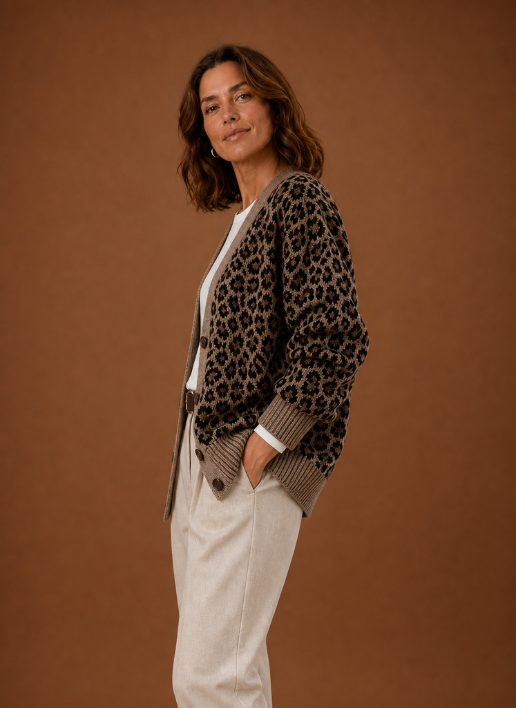 Cárdigan de Punto para Mujeres - Suéter de Manga Larga con Estampado de Leopardo | Areleon