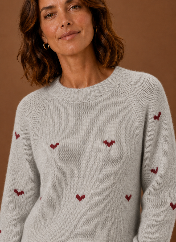 Suéter de Manga Larga con Cuello Redondo para Mujeres - Estampado de Corazones | Areleon