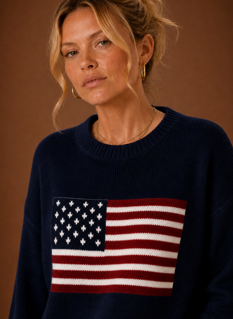 Suéter de Punto de Cuello Redondo para Mujer - Bandera Americana | Areleon