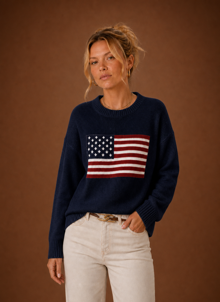 Suéter de Punto de Cuello Redondo para Mujer - Bandera Americana | Areleon