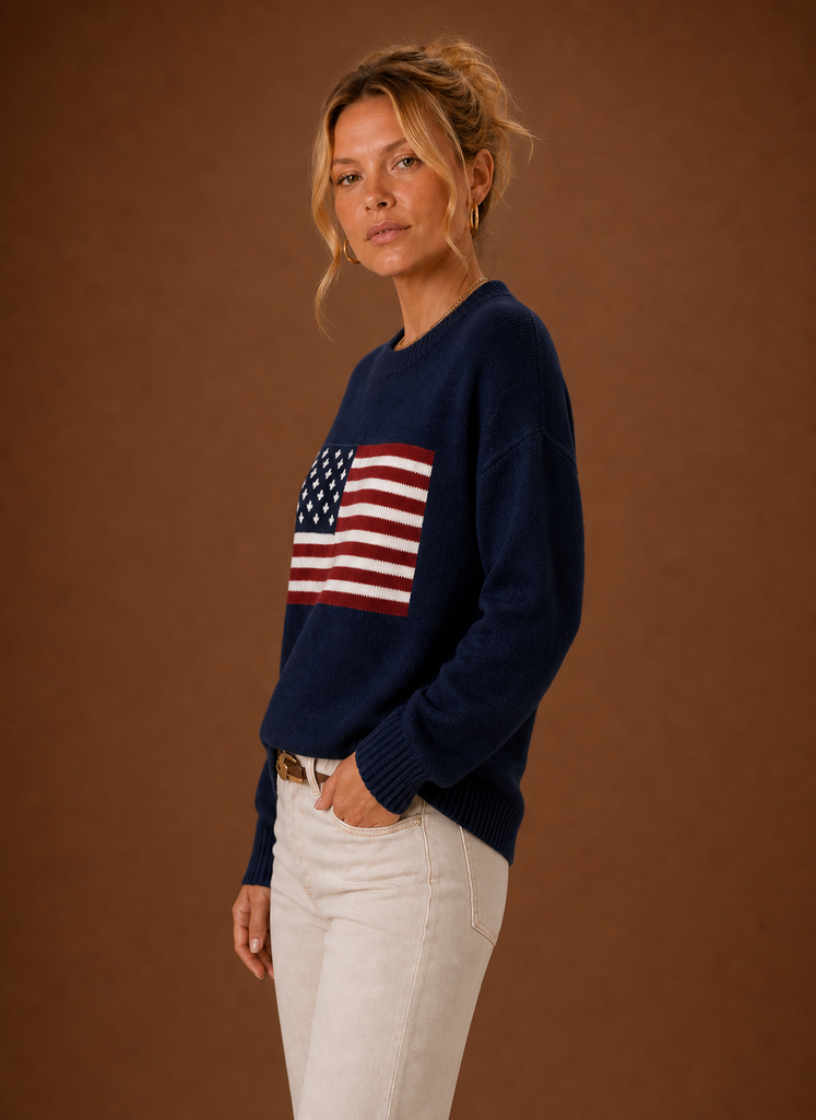 Suéter de Punto de Cuello Redondo para Mujer - Bandera Americana | Areleon