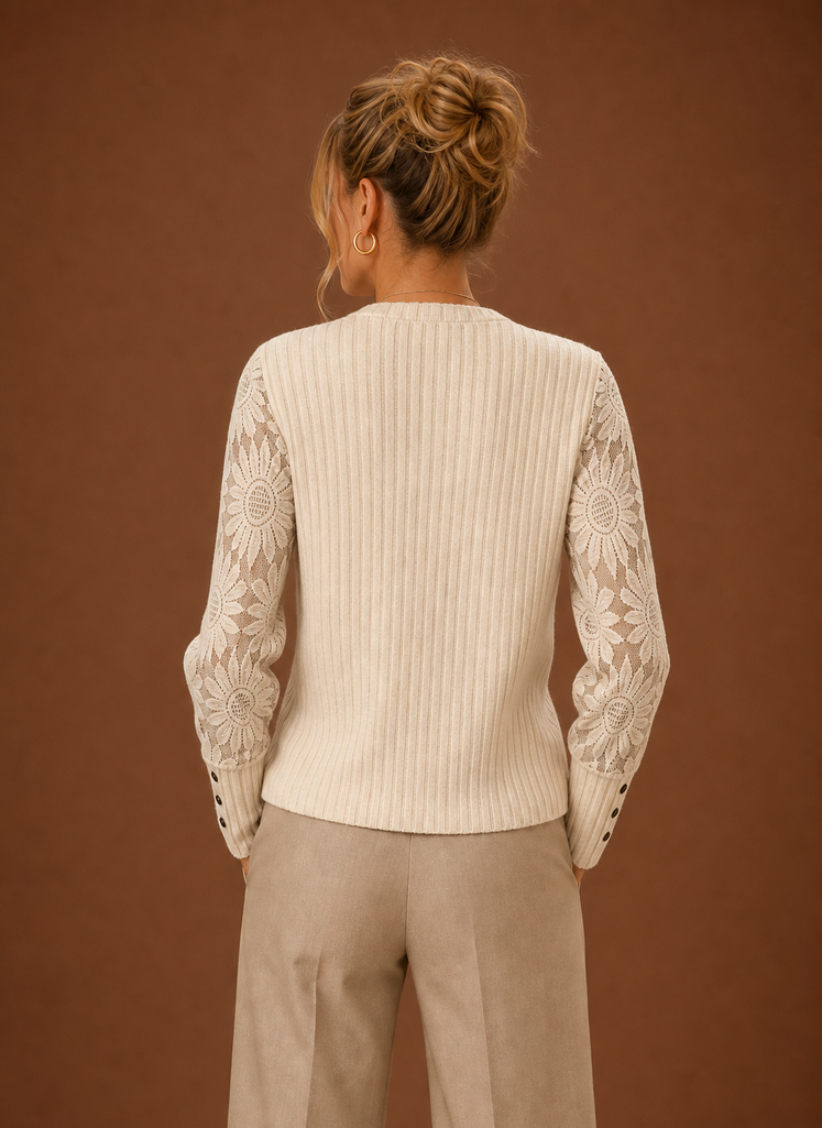 Suéter de Pullover con Mangas de Encaje de Punto Acanalado para Mujeres | Areleon