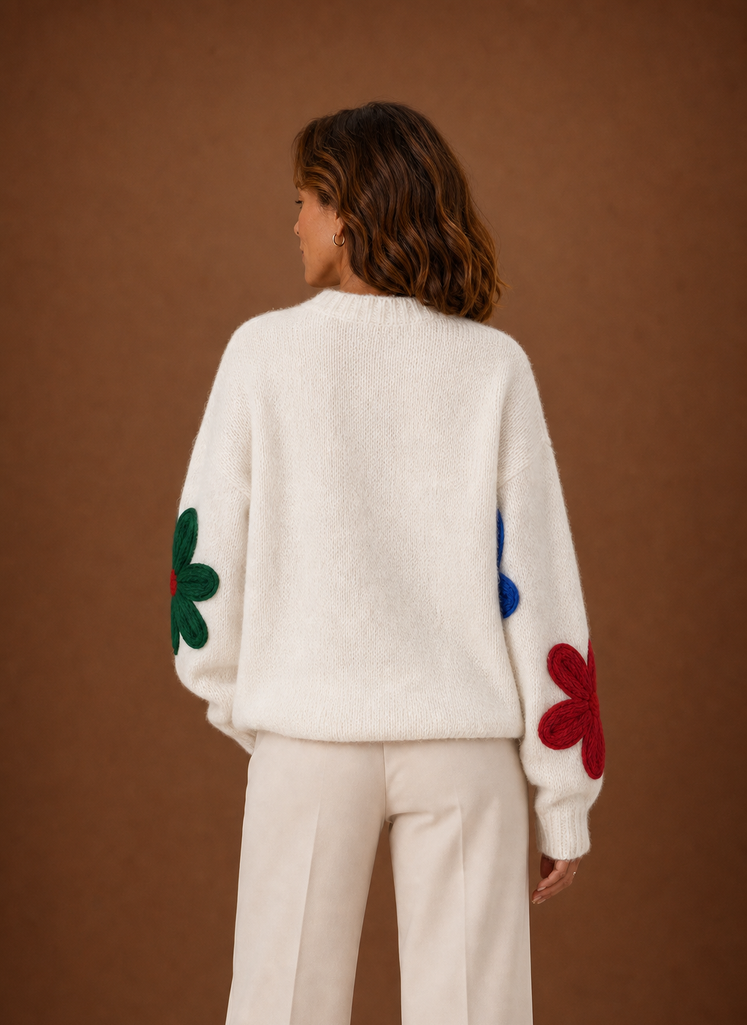 Suéter de Punto Oversized para Mujeres - Pulóver Floral | Areleon