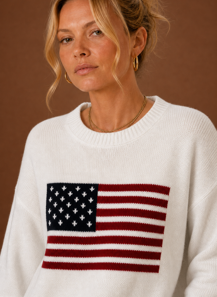 Suéter de Punto de Cuello Redondo para Mujer - Bandera Americana | Areleon