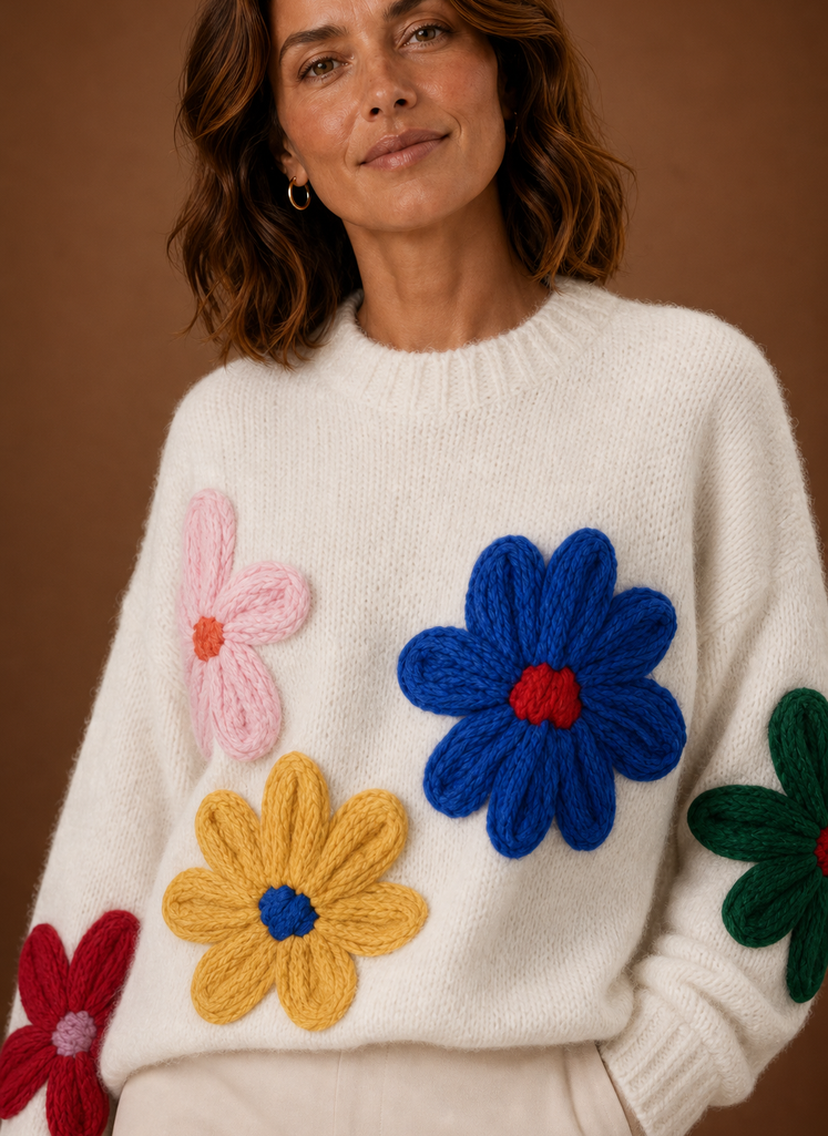 Suéter de Punto Oversized para Mujeres - Pulóver Floral | Areleon