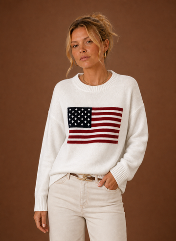 Suéter de Punto de Cuello Redondo para Mujer - Bandera Americana | Areleon