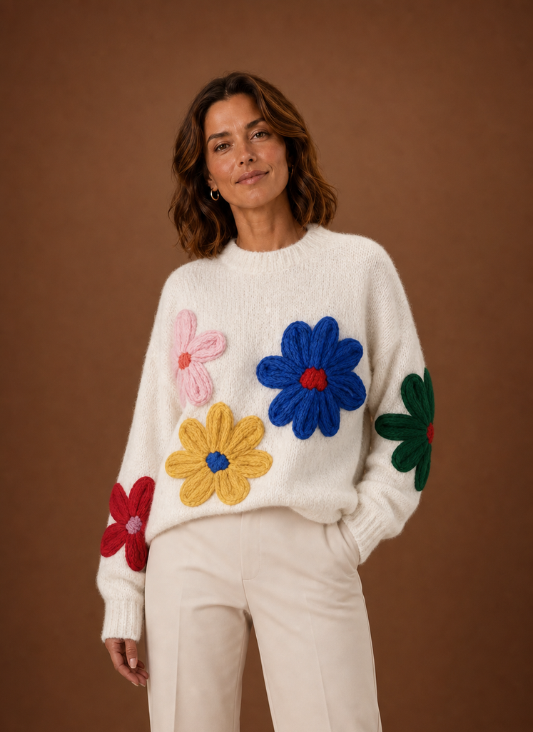 Suéter de Punto Oversized para Mujeres - Pulóver Floral | Areleon