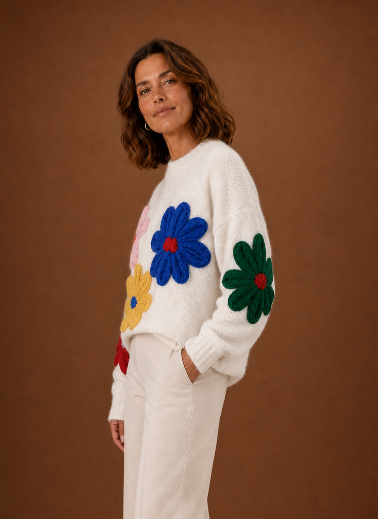 Suéter de Punto Oversized para Mujeres - Pulóver Floral | Areleon
