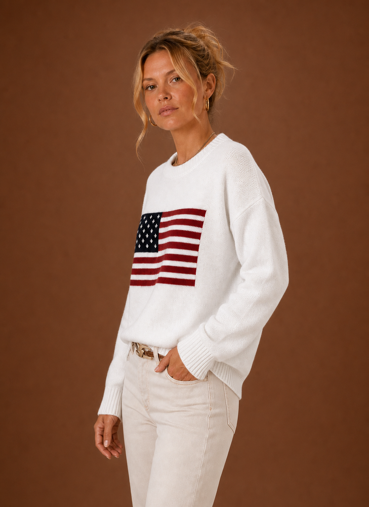 Suéter de Punto de Cuello Redondo para Mujer - Bandera Americana | Areleon